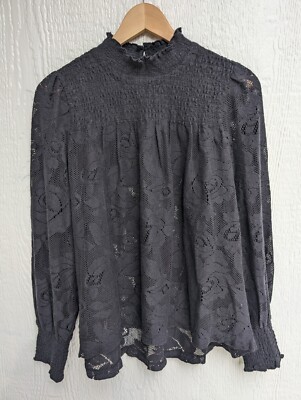 Sundance Dorina Black Lace Mock Neck Blouse Top Whimsigoth Romantic Size Small 
