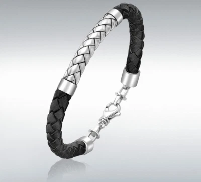 Hoxton London Argent Sterling Chevron Noir/Cuir Marron Bracelet 22.2cm - Photo 1/3