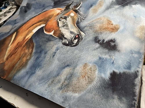 COA Original Art Watercolor Painting Arabian Horse Portrait 12”x16” Vintage A3 A - Picture 3 of 4