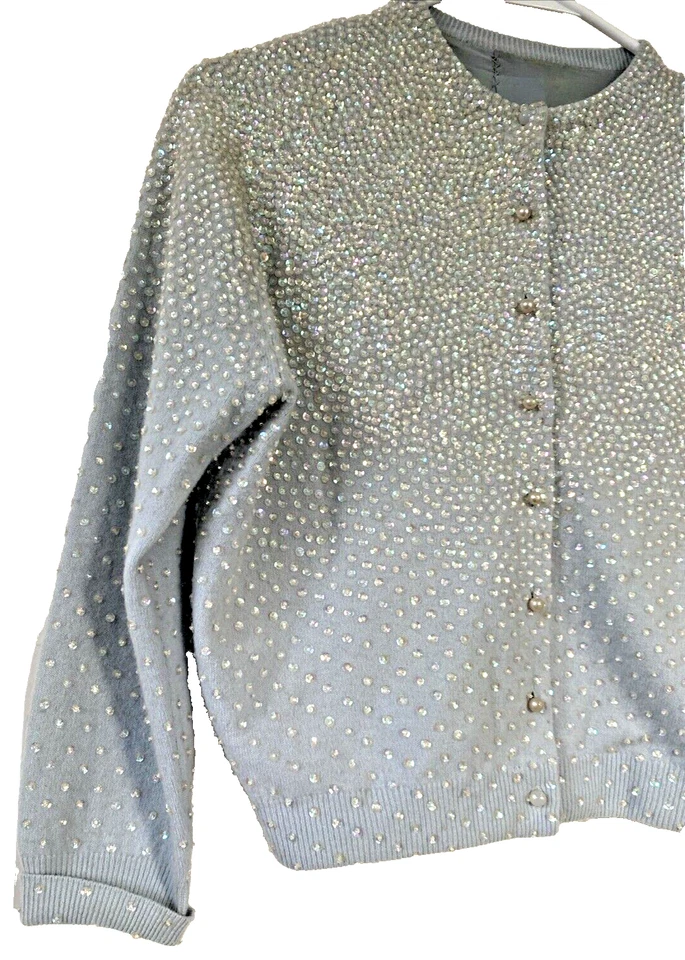 Suéter Cárdigan Forrado Seda Cuentas Lentejuelas Cachemira Azul Bebé De Colección Verdadero Años 50 Foto 2 de 4