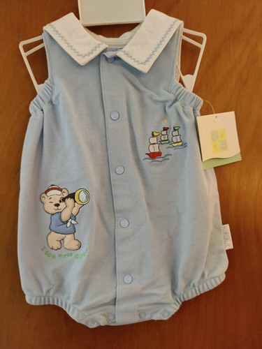 Vintage Baby Healthtex Blue Romper Baby Boy Sailboats Teddy Bear 3-6 Months New