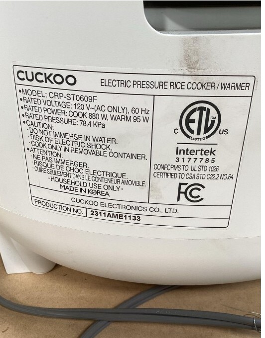 OB Cuckoo CRP-RT0609FW 6 cup Twin Pressure Plate Rice Cooker & Warmer 