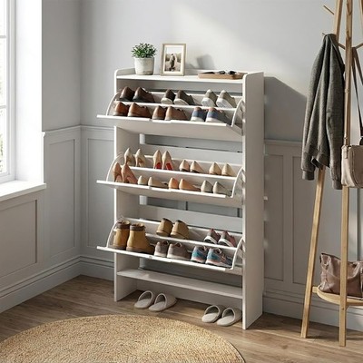 White Wood Grain Shoe Cabinet 3-Drawer Hidden Storage, Narrow Open Shelf Design