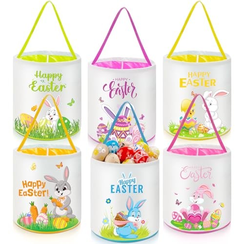 6 Pcs Easter Bunny Basket Bags Canvas Rabbit Easter Buckets Eggs Hunt Candy - Picture 7 of 7