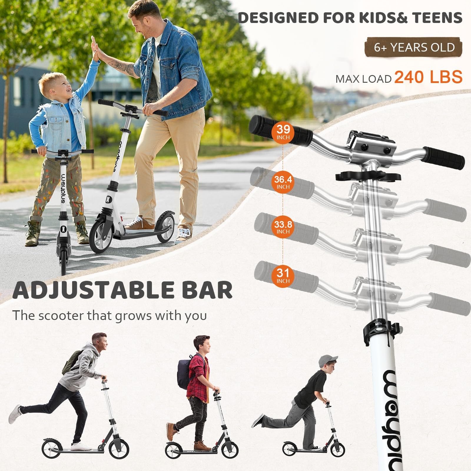 WAYPLUS Kick Scooter for Ages 6+,Kid, Teens  Adults. Max Load 240 LBS. Foldab...