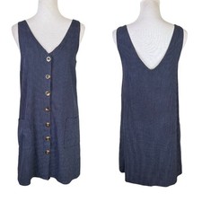 Crescent S Navy Blue Thin Stripe Button Down Sleeveless Shift Dress w Pockets
