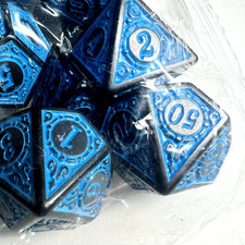 7 Dice Set - Blue Black Runic Poly RPG DnD Dungeons Dragons AD D Pathfinder d20