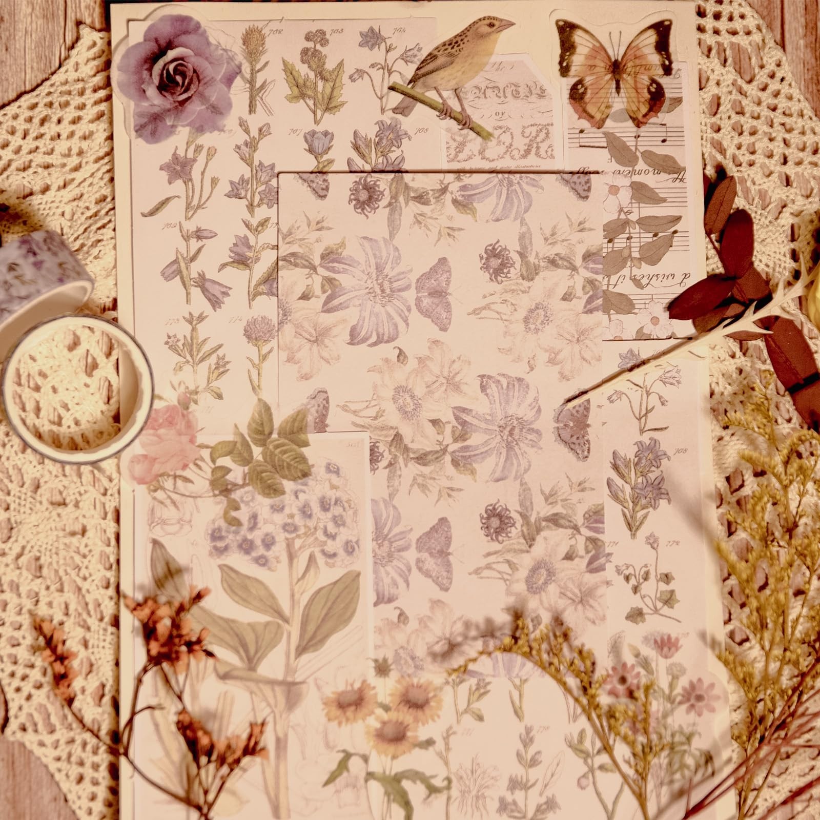 CHRYCELESTE 200pcs Vintage Purple Scrapbook Stickers and Paper, Journal Stic...