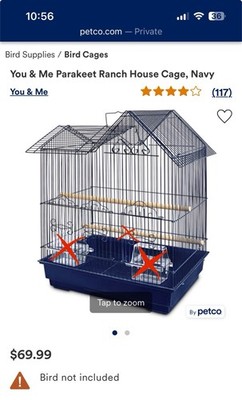 You & Me Parakeet Ranch House Bird Cage, Navy With Wooden Rod And Pullout Tray