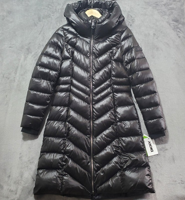 New DKNY Black Long Puffer Jacket Chevron Hood & Pockets Womens Medium $300