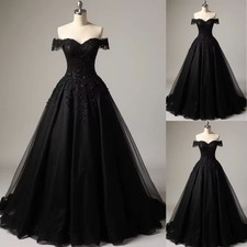 Black Gothic Wedding Dress Lace Appliques Sweetheart Off Shoulder A-Line Long