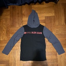 Calvin Klein Jeans Boys Pullover Hoodie Black Gray Logo Long Sleeve L 14/16 
