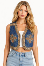 Studded Vest Size Medium Western Sleeveless Cropped Cross Blue Boho Festival