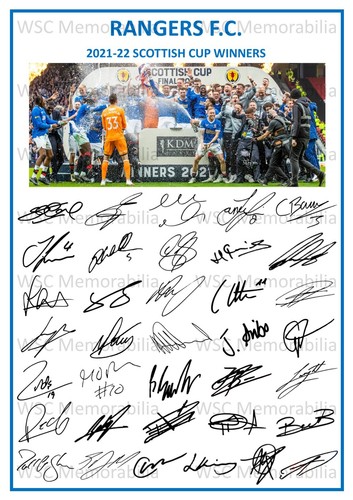 12851. 2021-22 Glasgow Rangers Signed Team Photo Sheet PRINTED AUTOS A4 Cup Win
