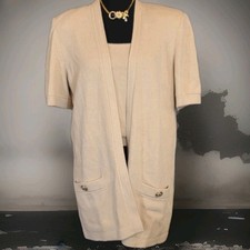 St. John Collection by Marie Gray 2-Piece Knit Set Sz M Beige Cardigan Tank Gold