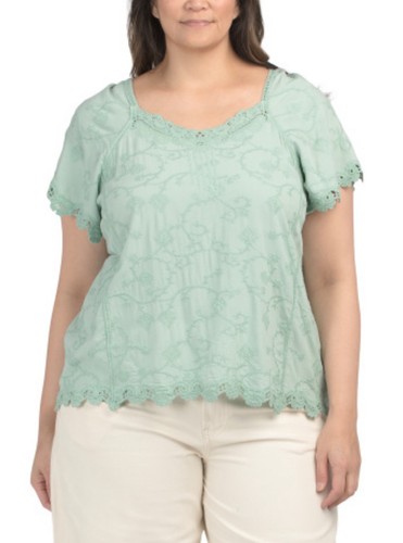 Democracy Womens Plus Size 1X Green Flutter Sleeve Lace Trim Top Floral Mature