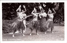 RPPC Postcard Hawaiian Hula Dancers Ukulele Musicians in Muumuus HT-158 1950s