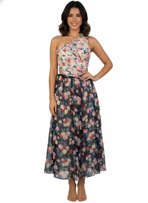 Robe Maxi Longue En Satin De Soie À Une Épaule Imprimé Floral À Volants Taille S - Photo 1/4