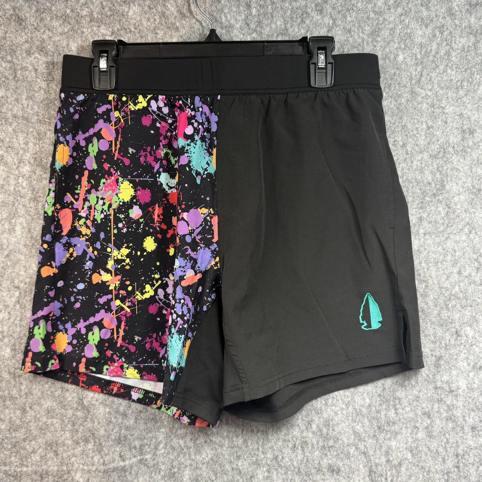 TACHUNTFISH Shorts Mens L Black Multicolor Paint Splatter Running Trail Athletic