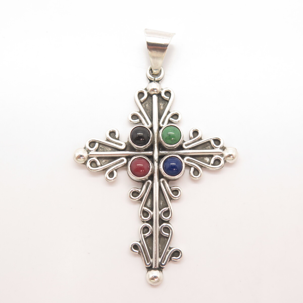 925 Sterling Silver Vintage Mexico Carsi Real Multi-Color Gem Cross ...