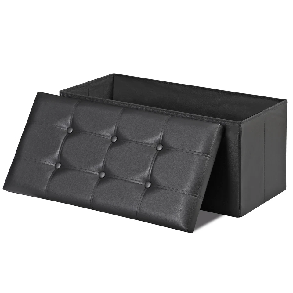 30" Faux Leather Footrest w/Foam Padded Seat Foldable Storage Bench Black  - Image 3 of 4