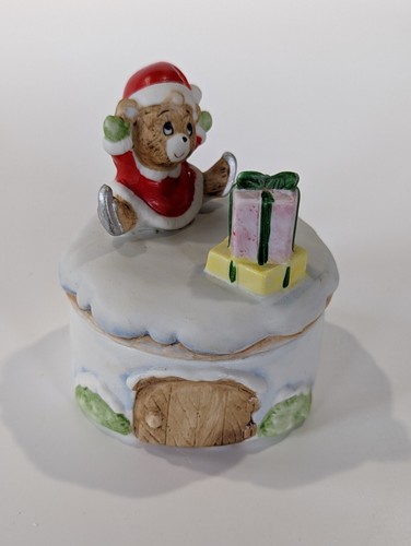 Vintage Homco Christmas Trinket Box 8904 Porcelain Santa Mouse Jewelry Box  