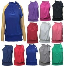 New Sleeveless Halter Neck Draped Ruched Bow Tie Top Ladies Blouse Party Tops