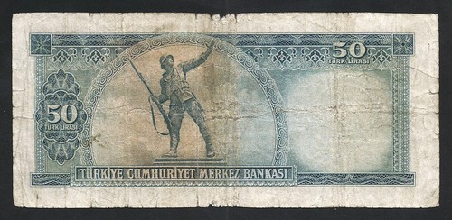 Turkey 50 Lira 1957, Fine, P-165, Prefix Z6, Circulated, Tears - Picture 2 of 4