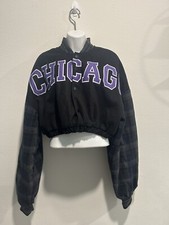 Graphic Cropped Chicago Black And Purple Plaid Jacket 