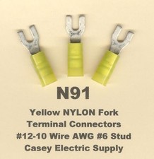 50 Yellow NYLON Insulated FORK Spade Connector 12-10 Wire Gauge AWG 6 Stud USA