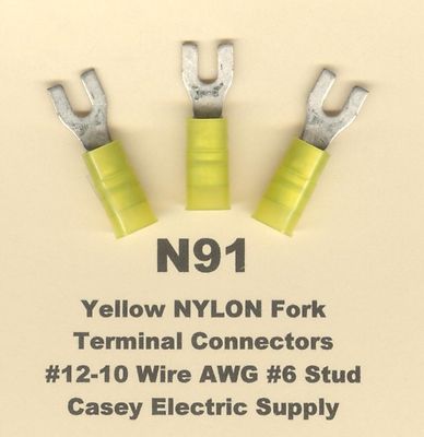 50 Yellow NYLON Insulated FORK Spade Connector #12-10 Wire Gauge AWG #6 Stud USA