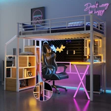 Twin Full Metal Loft Bed with Desk Wardrobe & Storage Staircases Led Bed Frames