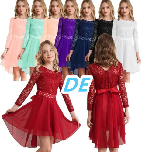 Mädchen Partykleid Chiffon Prinzessin Kleider Spitze Langarm Blumenmädchenkleid - Bild 1 von 80