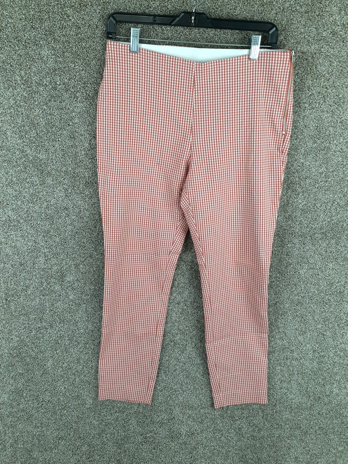 A New Day Gingham Plaid Crop Pant Womens 10 Red Mid Rise Side Zip Stretch Casual