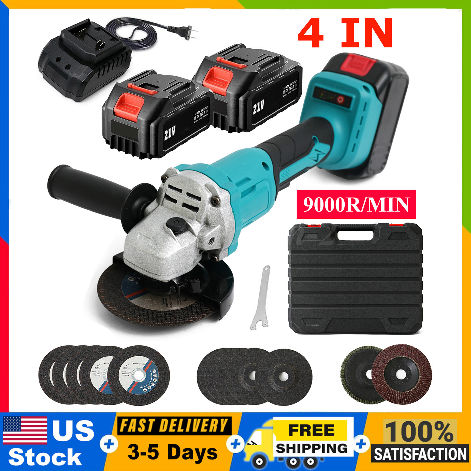 Cordless Angle Grinder For 2x 21V Battery 4in Brushless Detail Sander 9000 RPM