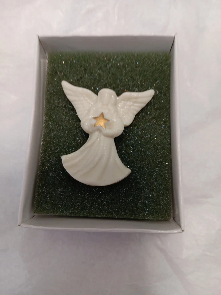 Broche vintage Lenox porcelana fina anjo com estrela dourada na caixa com papelada. - Imagem 2 de 3