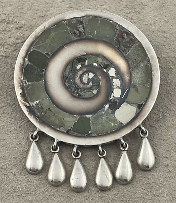 Victor Jaimez Mexico Taxco  Sterling W/Inlay Large Pendant/Pin 2'' Diameter