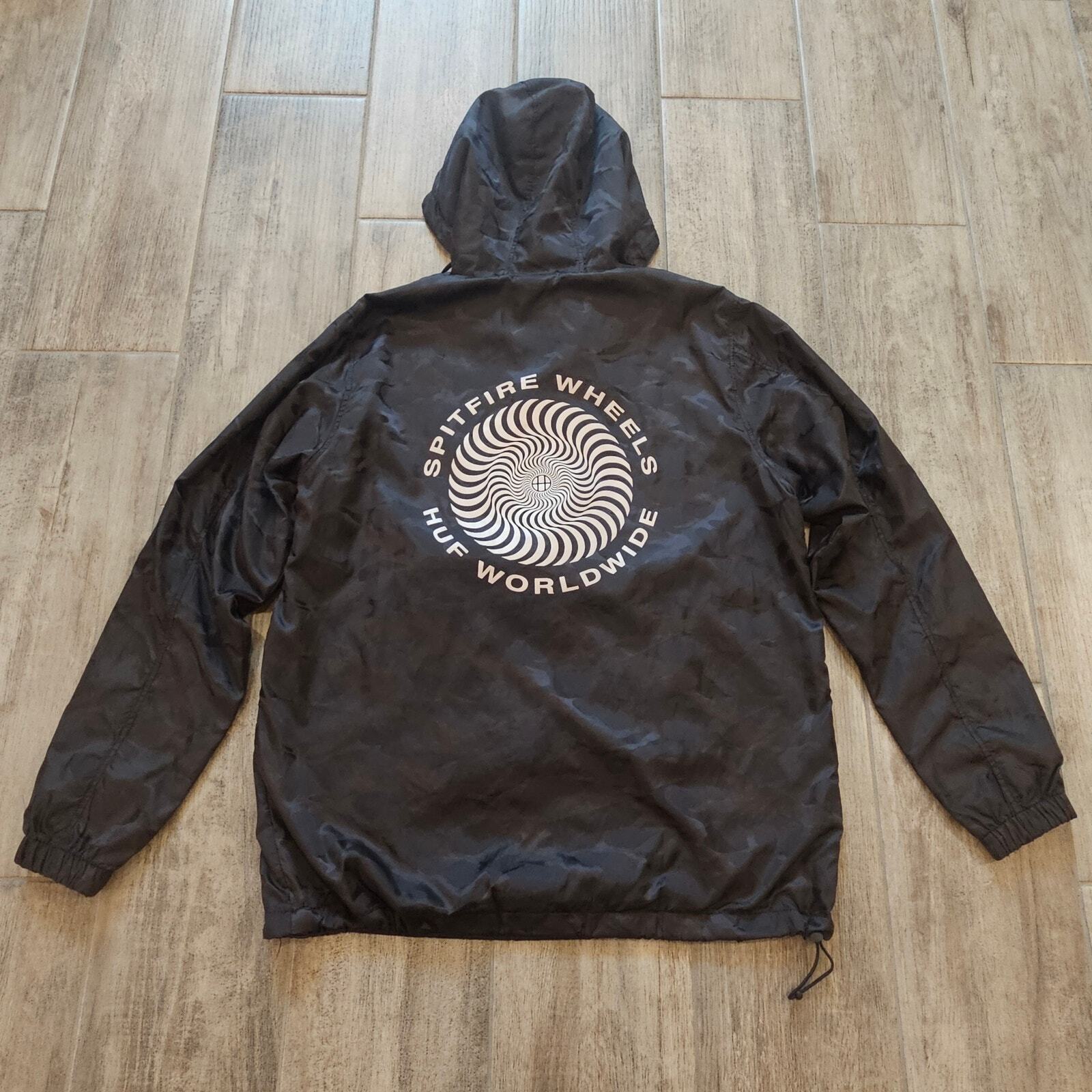HUF x Spitfire Overhead Windbreaker Mens Size S Back Print Black Jacket Racing
