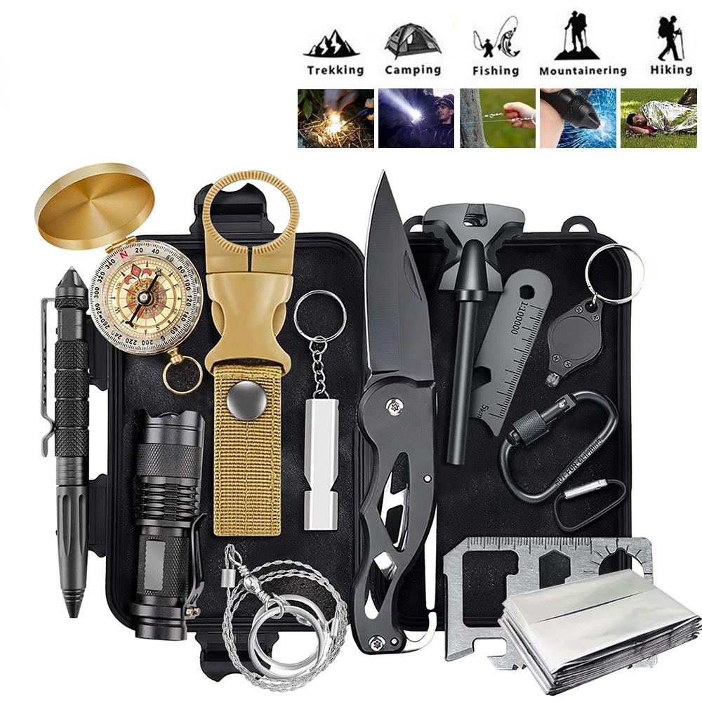 Outdoor Emergency Survival Gear Kit Camping Tactical Tools 14 in 1 SOS EDC Case