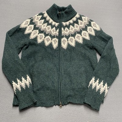 L.L. Bean Sweater Mens Medium Green Full Zip Mock Neck Fair Isle Lambswool Knit