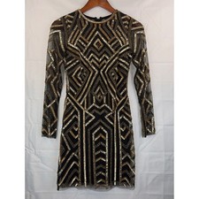 Gianni Bini Black Gold Sequin Art Deco Mesh Mini Dress Long Sleeve Size 0