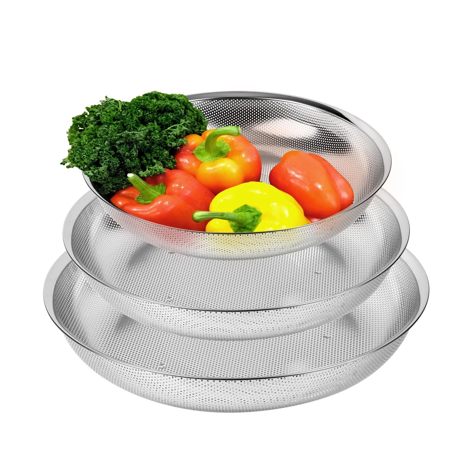 Premium 18/8 304 Stainless Steel Large Colander Set of 3, Comfortable Micro-P...
