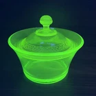 Art Deco Vaseline Uranium Green Depression Glass Sugar Bowl w/Lid 4.5" UV Glow