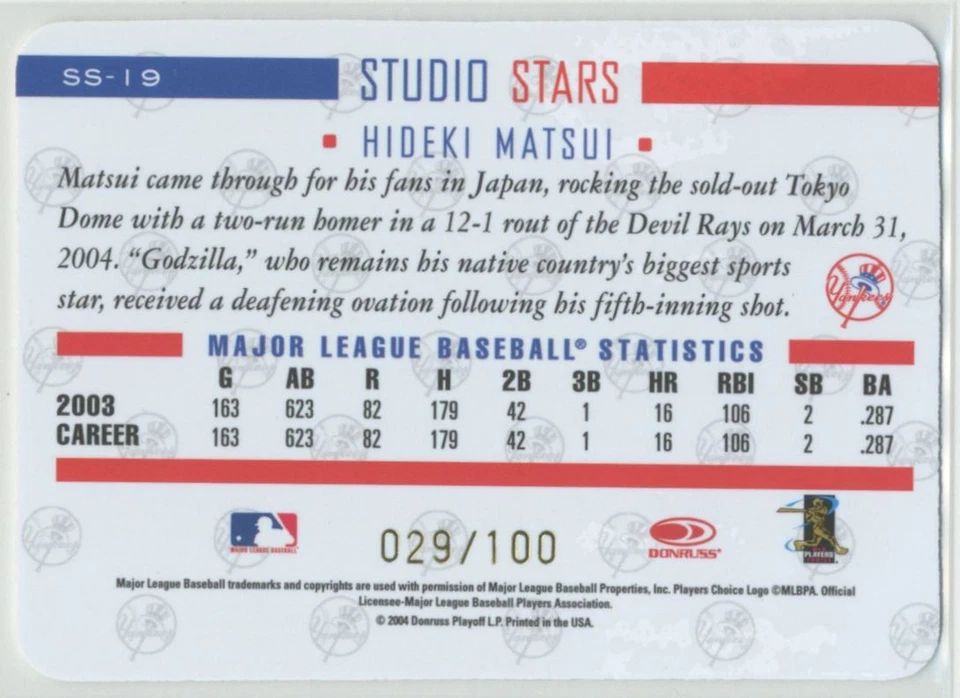 Hideki Matsui 2004 Donruss Studio Studio Stars Gold /100 #SS-19 New York Yankees - Image 2 of 2