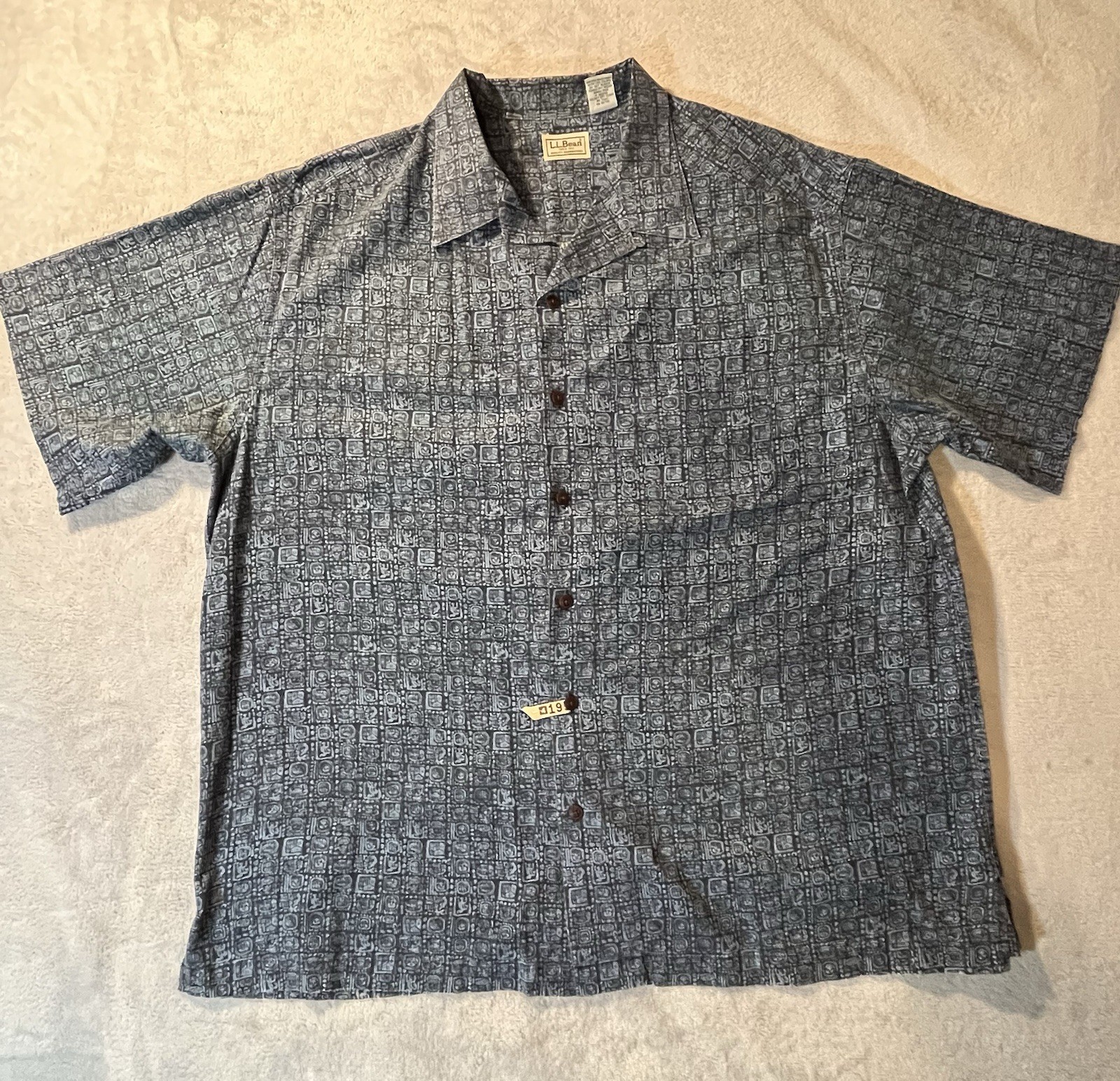 Vintage LL Bean Button Up Shirt Mens L Blue Aztec Mayan Print Short Sleeve 90s