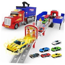 Carrier Truck Race Track Toy with 6 Metal Cars, Lights  Sounds  Foldable