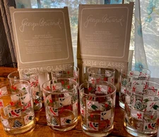 8 Vintage MCM Georges Briard 14oz Double Old-Fashioned Christmas Glasses w/box