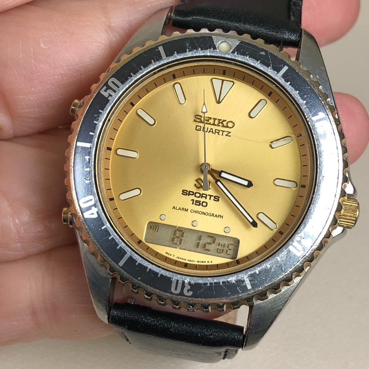 Vtg Seiko SQ Men H601-8089 Alarm Leather Quartz Analog Digital