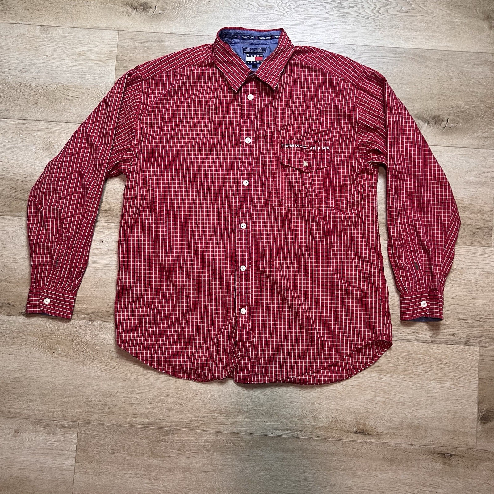 Tommy Jeans Red Check Cotton Button-Up Long Sleeve Shirt XL thumbnail 7