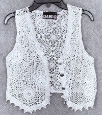 DAM Crochet Vest Boho White Lace Knit 4 Button Size M Mesh Cropped